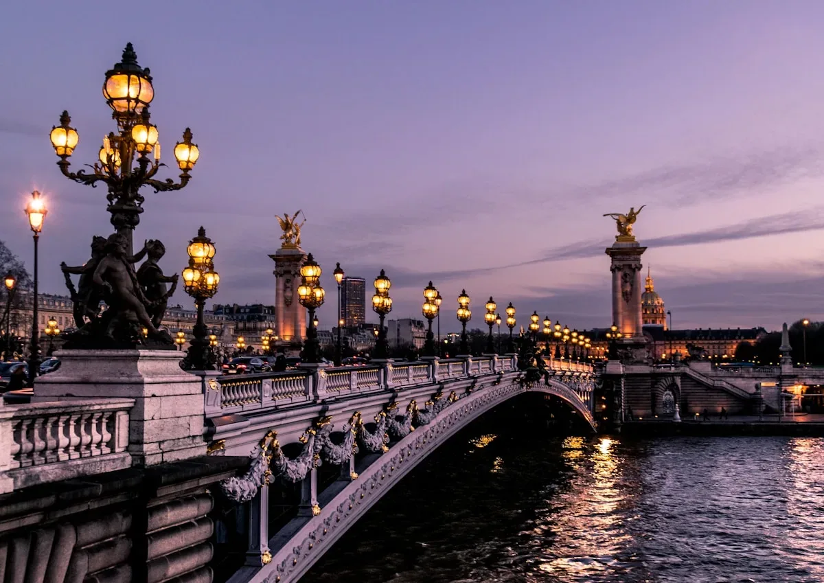 The Pont Alexandre III bridge illuminated at night in Paris, France