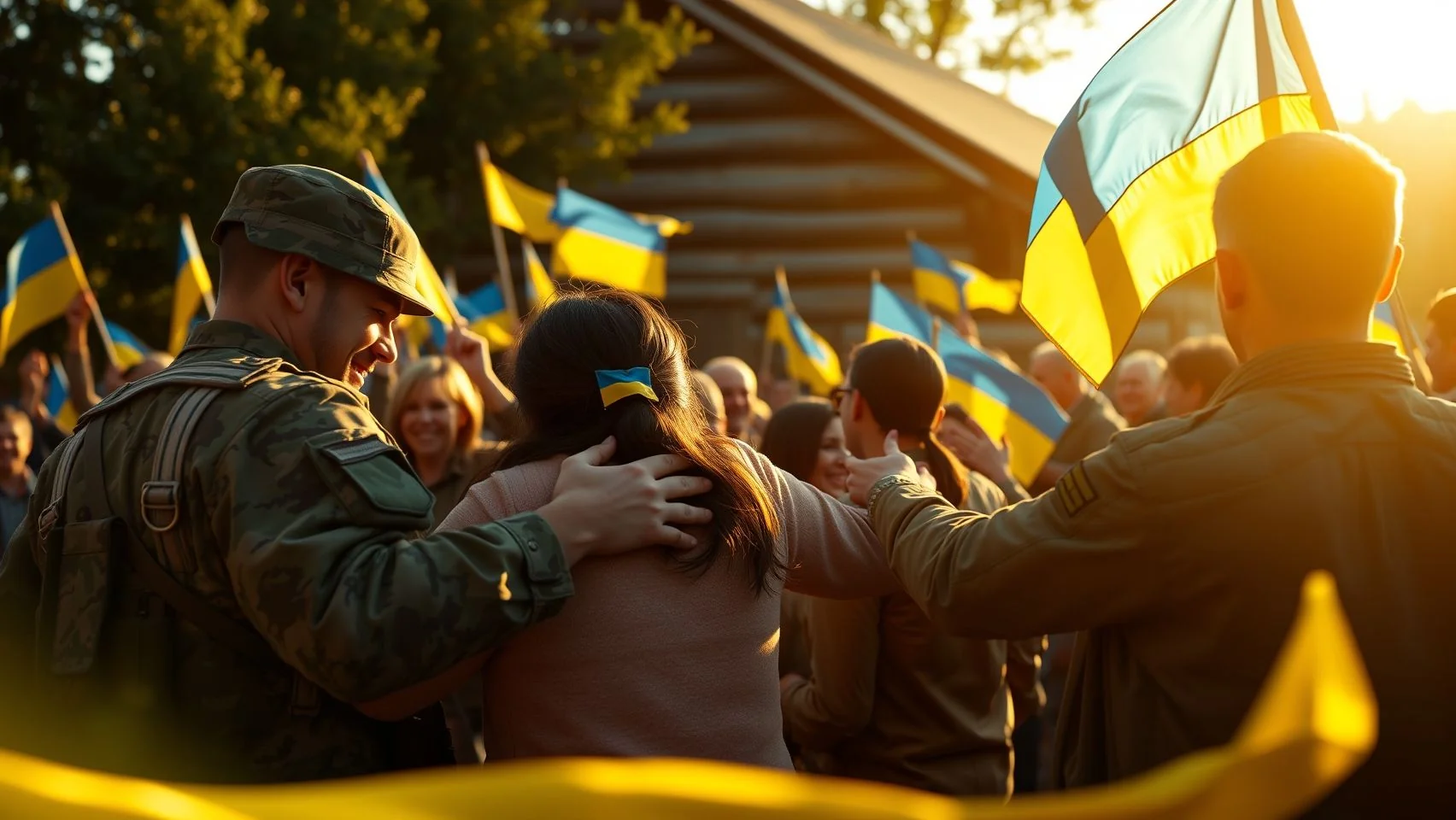 Soldats ukrainiens retrouvant leurs familles après l'accord de paix