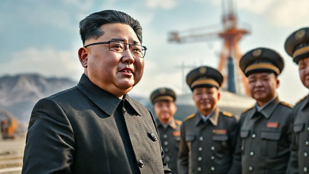Kim Jong-un et des officiels nord-coréens sur un chantier de sous-marins nucléaires