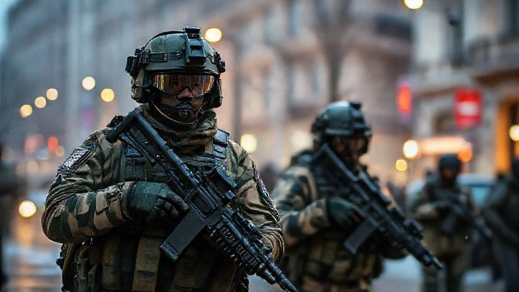 Soldats ukrainiens dans une opération militaire en ville