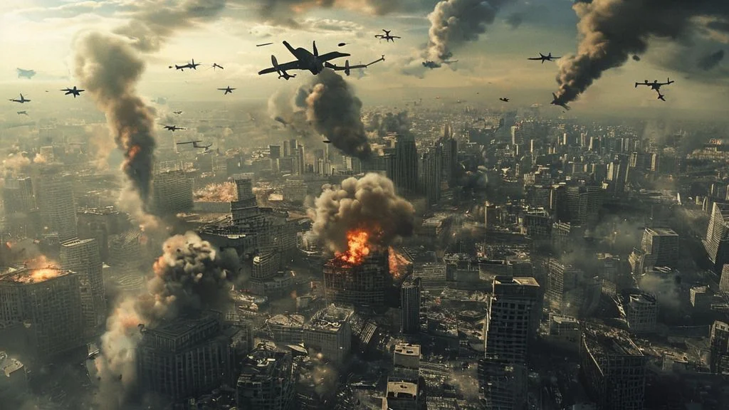 Ville yéménite sous bombardements, photo aérienne