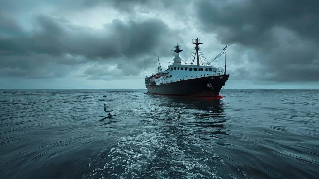 Navire avec ancre dans le golfe de Finlande